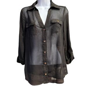 2B BEBE Backless Button‎ Up Sheer Blouse Shirt Black Metallic Size XSmall